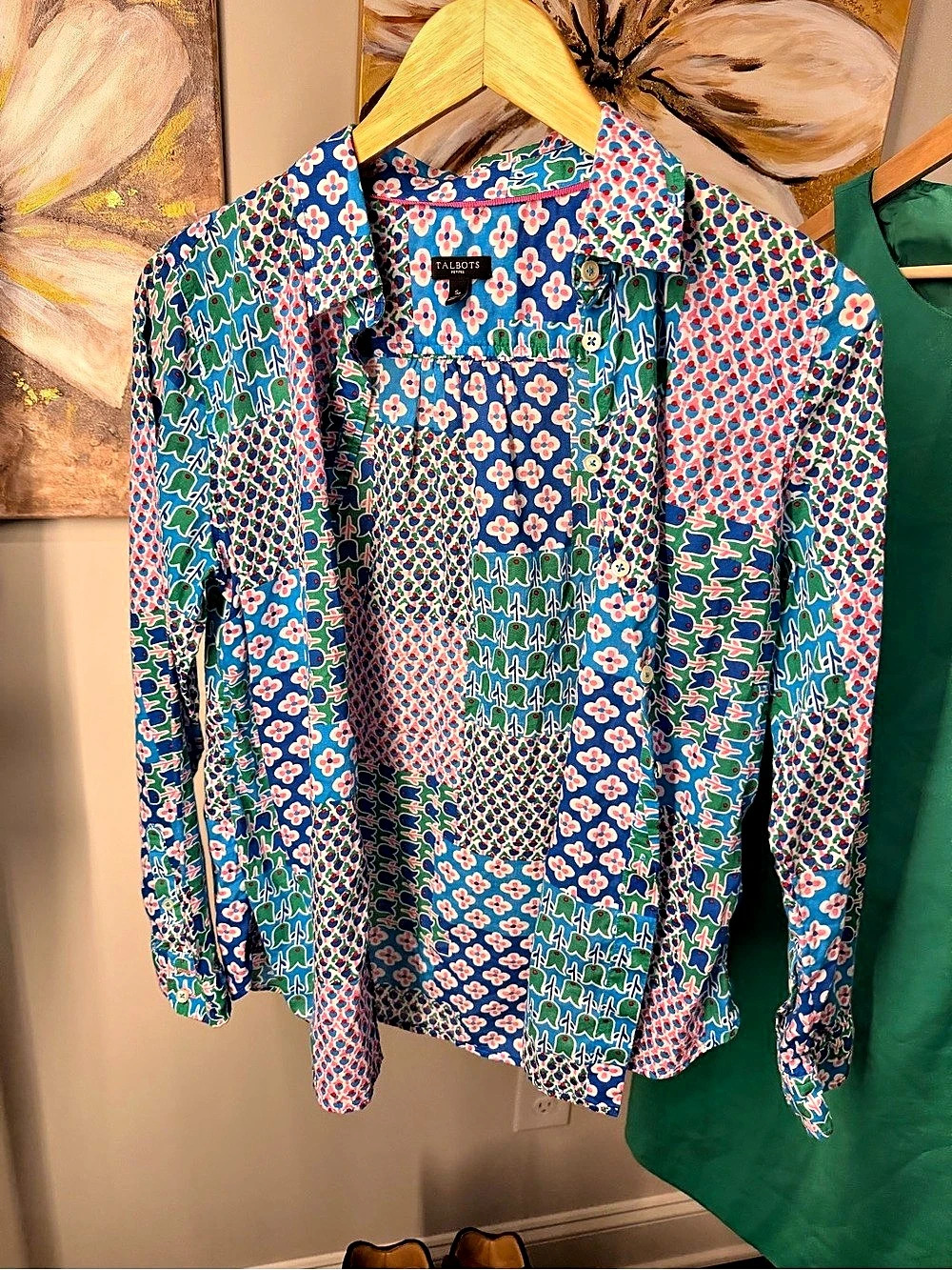 Talbots Colorful Patchwork Cotton Button-Down Shirt Floral Print Cotton Button